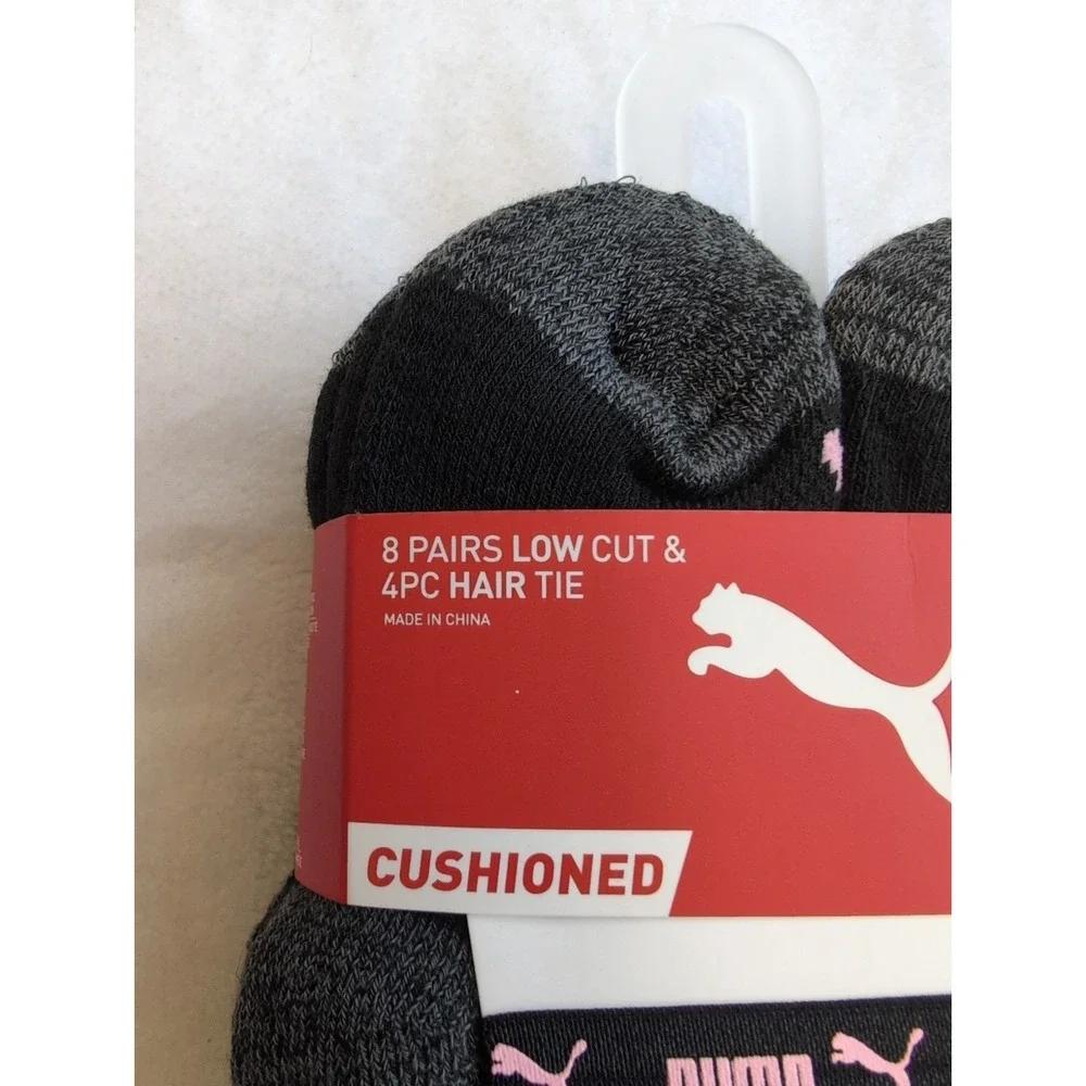 PUMA Girls 8 Pack Low Cut Heart Socks + 4  Hair Ties, 5-6.5, Black/Multi Small